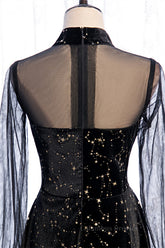 Evening Dresses Red, Black A-line Illusion Neck Long Sleeves Print Midi Formal Dress